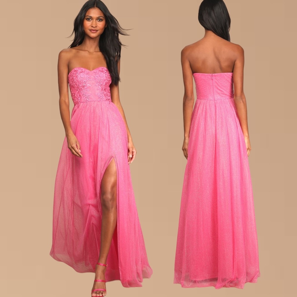 LULUS Midnight Dreamer Pink Embroidered Strapless Maxi Dress - M